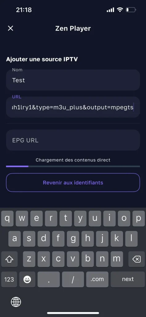Zen IPTV Player Ajouter les informations d'abonnement